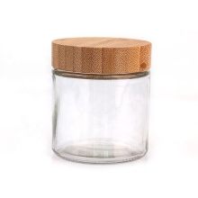 Wholesale wide mouth with wood lid 300ml 10oz round kitchen food container glass storage jar